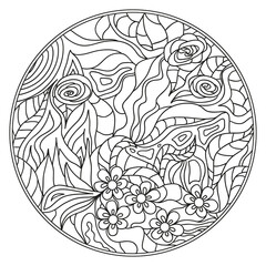 Zendala. Zentangle. Hand drawn circle mandala with abstract patterns on isolation background. Design for spiritual relaxation for adults. Line art creation. Black and white illustration for coloring.