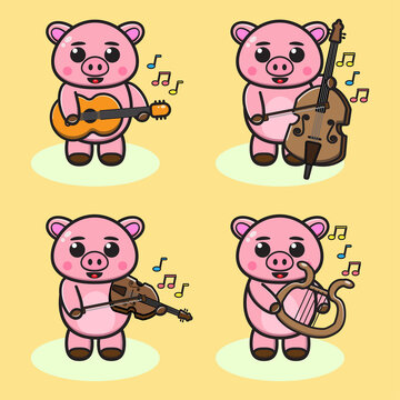 Vector illustration of cute Pig playing music Instrument . Cute Pig expression character design bundle.