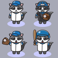 Vector illustration of cute Raccoon Baseball cartoon. Cute Raccoon expression character design bundle. Good for icon, logo, label, sticker, clipart.