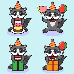 Vector illustration of cute Raccoon Party cartoon. Cute Raccoon expression character design bundle. Good for icon, logo, label, sticker, clipart.