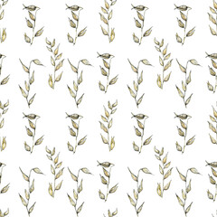 Obraz premium Watercolor seamless pattern with hand drawn pastel dry brunches of wheat rye on white background. Illustration in the sketch style.