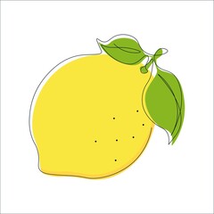 Continuous single line drawing of lemon with yellow color. Drawing a whole fruit with a single line. Abstract minimalistic style. Continuous line citrus fruit. Isolated vector illustration.