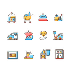 Hotel services RGB color icons set. Room service for hotel visitors to choose what to eat for lunch. Cleaning service to keep rooms clean. Isolated vector illustrations