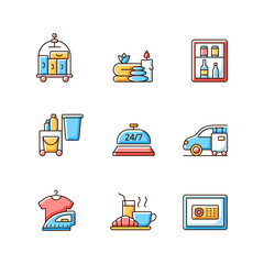 Hotel services RGB color icons set. Porter service for helping customers to transfer their bags and luggage. Car parking for visitors. Isolated vector illustrations