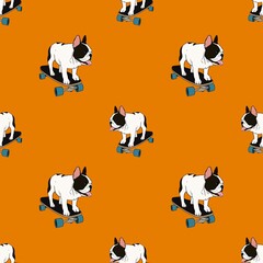 Hand drawn illustrations portrait of French Bulldog breed and surf skate on orange background design for seamless pattern.