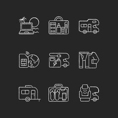 Travel chalk white icons set on black background. Recreational vehicle. Campground for RV. Roadtrip gear. Nomadic lifestyle. Summer vacation. Isolated vector chalkboard illustrations