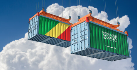 Freight containers with Republic of the Congo and Saudi Arabia national flags. 3D Rendering 