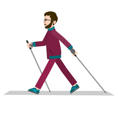 Nordic walking. Vector illustration of a man walking with Nordic walking sticks. Illustration of a man for animation. All details on separate layers with names. Editable strokes.
