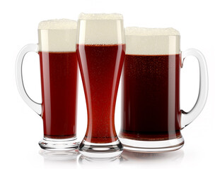 Set of fresh stout beer glasses with bubble froth isolated on white background.