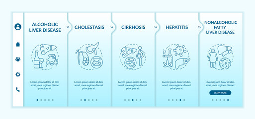 Hepatic impairment types onboarding vector template. Responsive mobile website with icons. Web page walkthrough 5 step screens. Cirrhosis, hepatitis color concept with linear illustrations