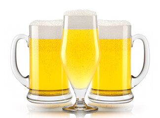 Set of fresh light beer glasses with bubble froth isolated on white background.