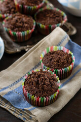 Chocolate muffins with chocolate chips and chocolate streusel