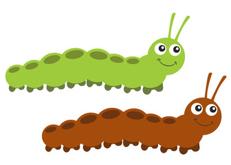 Funny green and brown caterpillars in the set. Vector image.