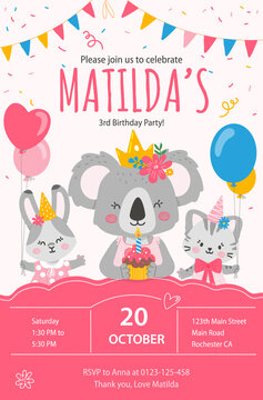 Happy birthday invitation,card template with koala,rabbit and cat girls characters.Vector illustration in flat style.
