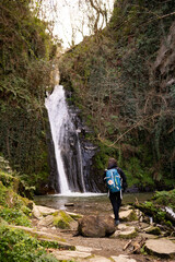 Pilgrim brunette woman, doing the Camino de Santiago. Hike, way of st james