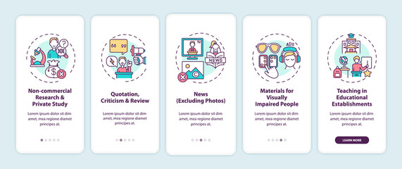 Exceptions to copyright onboarding mobile app page screen with concepts. Private research, review walkthrough 5 steps graphic instructions. UI, UX, GUI vector template with linear color illustrations