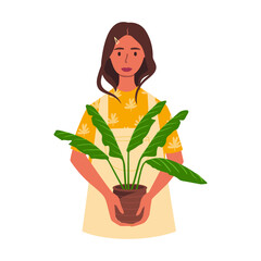 Flat vector cartoon illustration of a woman holding a pot with a plant. The concept of a hobby is to grow indoor plants. Isolated design on a white background.