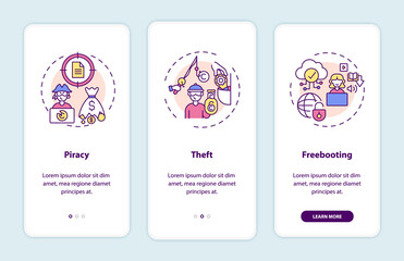 Copyright infringement types onboarding mobile app page screen with concepts. Piracy, theft walkthrough 3 steps graphic instructions. UI, UX, GUI vector template with linear color illustrations