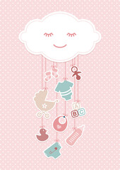 Babykarte Mädchen Wolke & Hängende Icons Punkte Rosa Mintgrün