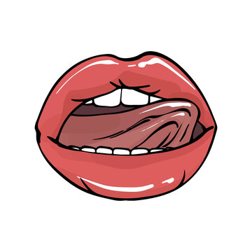 Lips with tongue erotic illustration t shirt print. Open mouth sexy lips art in vector