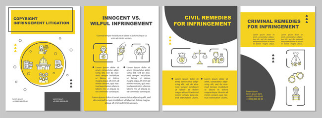 Copyright infringement litigation brochure template. Criminal. Flyer, booklet, leaflet print, cover design with linear icons. Vector layouts for presentation, annual reports, advertisement pages