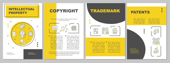 Intellectual property brochure template. Copyright laws. Flyer, booklet, leaflet print, cover design with linear icons. Vector layouts for presentation, annual reports, advertisement pages