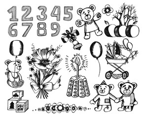 Scandinavian style, simple design, white illustrations, collection of children doodles, sketches