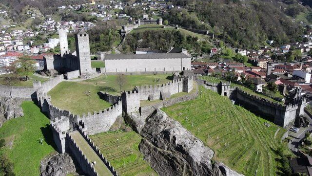 Aerial view of Castelgrande and Montebello castles at Bellinzona on the Swiss alps