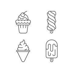 Ice cream varieties linear icons set. Soft ice in waffle bowl. Popsicles. Cone-shaped frozen pastry. Customizable thin line contour symbols. Isolated vector outline illustrations. Editable stroke
