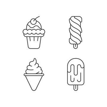 Ice cream varieties linear icons set. Soft ice in waffle bowl. Popsicles. Cone-shaped frozen pastry. Customizable thin line contour symbols. Isolated vector outline illustrations. Editable stroke