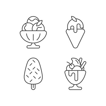 Ice cream varieties linear icons set. Sorbet, sherbet. Gelato. Vanilla ice cream with sprinkles. Parfait. Customizable thin line contour symbols. Isolated vector outline illustrations. Editable stroke