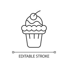 Soft serve linear icon. Soft ice in waffle bowl. Sweet creamy dessert with cherry on top. Thin line customizable illustration. Contour symbol. Vector isolated outline drawing. Editable stroke