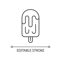 Fruit juice ice pop linear icon. Snack food. Frozen water, orange juice. Brain freezing. Thin line customizable illustration. Contour symbol. Vector isolated outline drawing. Editable stroke