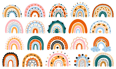 A large set of Scandinavian rainbows with ornaments. Colorful modern set with abstract rainbow icons. Hand-drawn children's boho decorations. For design, posters. Flat style. Vector. Isolated objects.