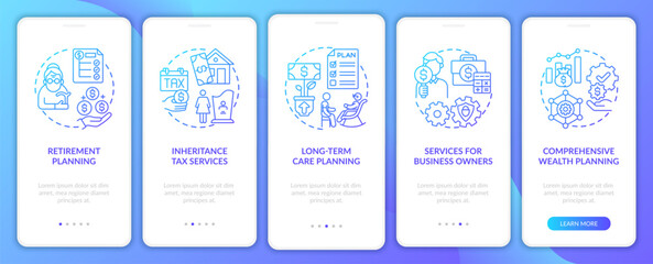 Wealth control services onboarding mobile app page screen with concepts. Long-term care planning walkthrough 5 steps graphic instructions. UI, UX, GUI vector template with linear color illustrations