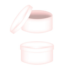 two round gift boxes open and closed white with pink edges isolated