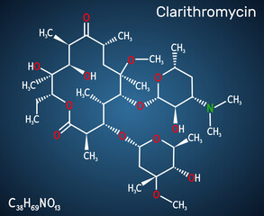 Clarithromycin molecule. It is antibacterial drug, semisynthetic macrolide antibiotic derived from erythromycin. Structural chemical formula on the dark blue background