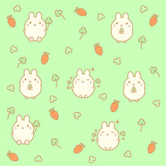 Cute pattern with rabbit, clover and carrot on a green background.