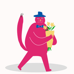 Cute pink cat in a hat and a bouquet of flowers. Children's illustration. Cat with a bouquet.