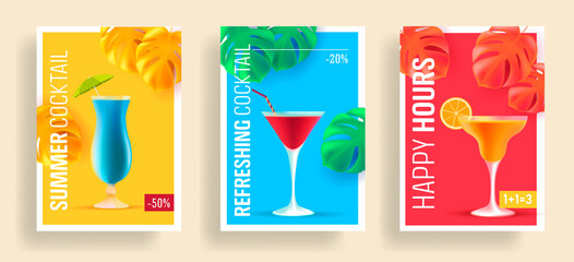 Summer sale posters with promo deals for alcohol cocktails, realistic 3d illustrations, different shape glasses with umbrella and tropical leaves, happy hour promo for bar