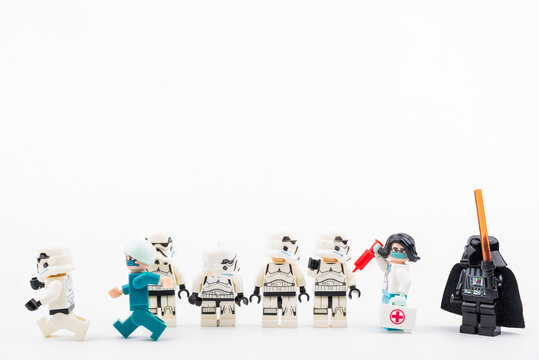 Bangkok, Thailand - April, 26, 2021 : Lego Star Wars line up to receive COVID-19 vaccination from Lego Doctor.Concept fights COVID-19.