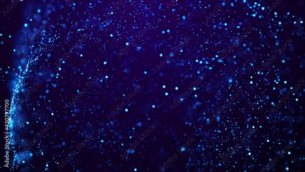 Wall mural blue glow particles float in viscous liquid with bokeh. magical sparkles of light form abstract roun