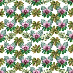 Rolgordijnen Beach cheerful seamless wallpaper with a pattern of tropical dark green palm and azalea leaves and pink orchid flowers. handmade exotic leaf pattern. Watercolour botanical illustration © Nadine.de.trevile