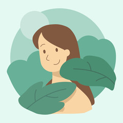 Vector illustration in minimal flat style. A Beautiful woman and leaves. Feminine illustration concept.