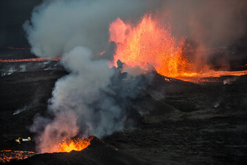 Aerial view of a small aircraft flying over the 2014 Bárðarbunga eruption at the Holuhraun volcanic fissures, Central Highlands, Iceland.	
