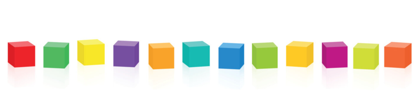 Colored cubes. Set of twelve colorful cubes in a row. Isolated vector illustration on white background.
