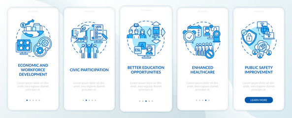 Digital inclusion benefits blue onboarding mobile app page screen with concepts. Computer walkthrough 5 steps graphic instructions. UI, UX, GUI vector template with linear color illustrations