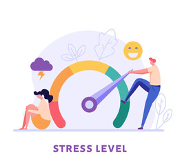 People near the mood scale. Concept of emotional overload, stress level, burnout, increased productivity, tiring, boring, positive, frustration employee in job. Vector illustration in flat design - obrazy, fototapety, plakaty