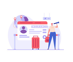 Travel Insurance Vector illustration. People traveling with insurance. Tourist with luggage in airport. Concept of insurance and health protection for travelers, safe vacation and traveling