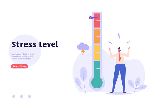 Man near the mood scale. Concept of emotional overload, stress level, burnout, increased productivity, tiring, boring, positive, frustration employee in job. Vector illustration in flat design